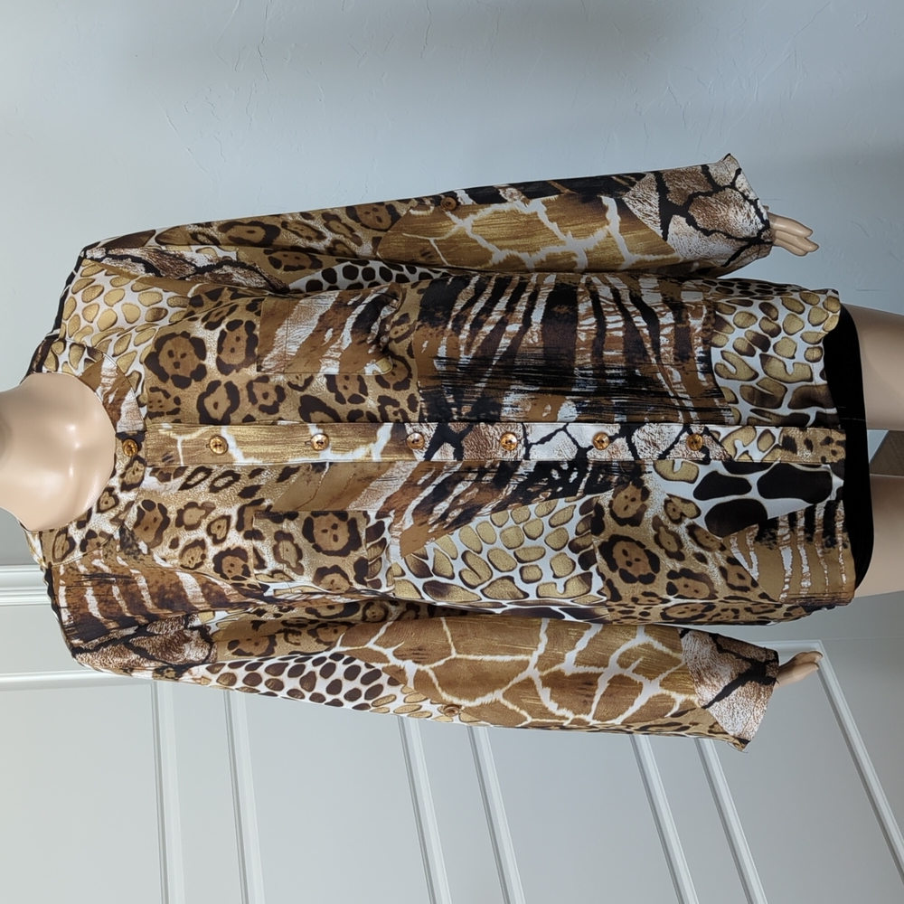 SUSAN GRAVER Animal Print Brown Black Blouse Size M Chiffon Semi Sheer Bold